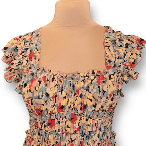 Sea New York Ensley Flutter Sleeve Silk Floral Midi Dress Yellow Ruffle Large - Picture 6 of 15